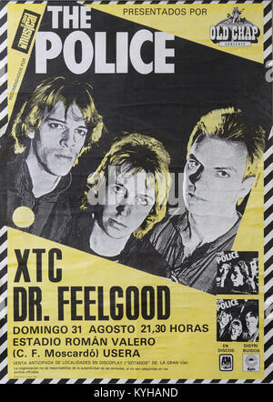 The police, Sting, Stewart Copeland et Andy Summers, affiche de concert musical. Événement de la vie à Madrid 1980 Banque D'Images