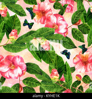 Motif de fond transparente rose avec fleurs et papillons camellia aquarelle Banque D'Images