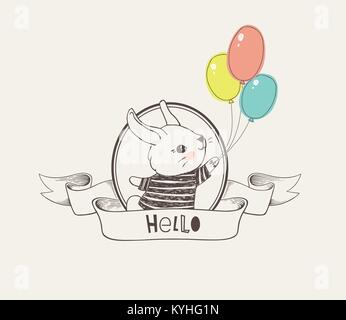 Logo dessiné à la main ou de l'insigne avec mignon bunny vêtus de t-shirt à rayures holding ballons colorés à l'intérieur du châssis rond et élégant ruban avec inscription Bonjour. Vector illustration dans un style vintage. Illustration de Vecteur