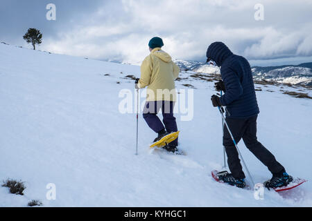 Scène d'hiver,neige,,Camurac,ski,resort.A,petit,luge,ski,raquettes à neige,chaussures,resort,en,French,Pyrénées,France,de France, Banque D'Images