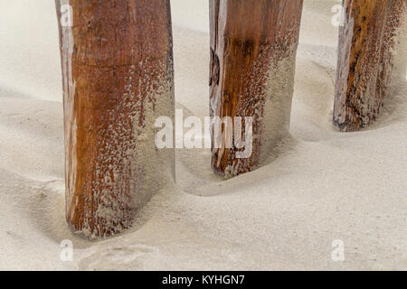 Détail montrant la plage épi posts en bois en partie couverte par le sable Banque D'Images