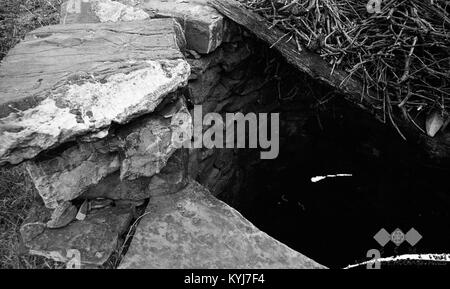 Cette image représente un vieux puits à quatre côtés ('štirna') situé près de la maison de la famille Tinjanč à Mačkovlje, Slovénie, photographié en 1967. Banque D'Images