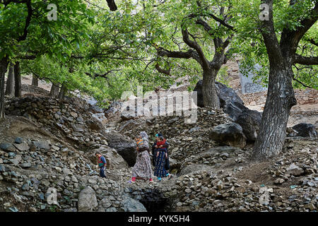 Les femmes berbères et les enfants à pied du village, Atlas, Province Al Haouz, Maroc Banque D'Images