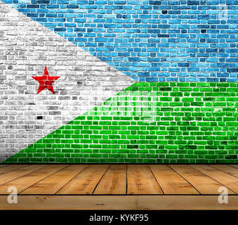 Djibouti drapeau peint sur mur de briques avec plancher en bois Banque D'Images