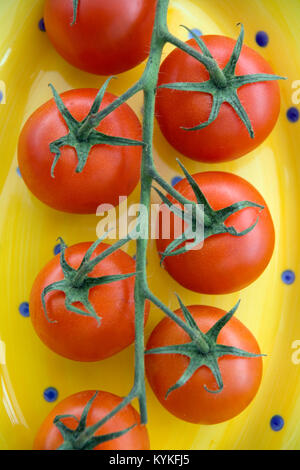 Tomates rouges mûres sur une plaque jaune tacheté bleu Banque D'Images