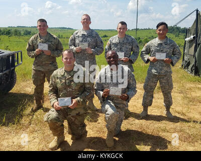 Les soldats de la 138e signal Field Artillery Brigade commémorer le "shot entendu dans le bluegrass" avec des plaques présentées par le Capitaine Stephen Young à Fort Knox, Ky., 10 juin 2017. Front Row, Sgt. Gudgel Jackson, le Sgt. Terrance Daniels. À l'arrière, de la CPS. Dakota Adams, SPC. Andrew Huff, SPC. Thomas Murton et SPC. Darren Cruz. (Photo : Capt Stephen Young) Banque D'Images