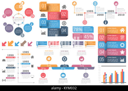 Ensemble d'éléments - Infographie - diagramme circulaire, les échéanciers, les flèches, diagramme avec des pourcentages, le graphique à barres, des objets avec des nombres (étapes ou options) et le texte, v Banque D'Images