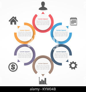 Diagramme circulaire avec six éléments, étapes ou options, un organigramme ou schéma de déroulement du modèle, eps10 vector illustration Banque D'Images