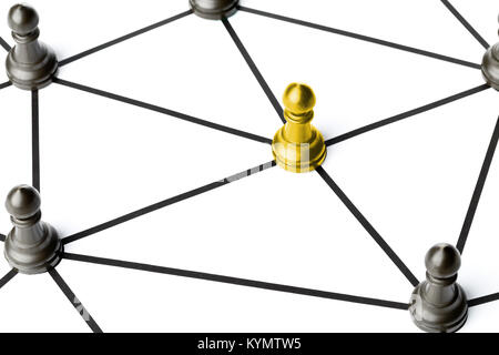 Or la figure de pions connectés à d'autres chiffres par des lignes noires sur fond blanc - Le travail d'équipe, de connexions et de social network concept Banque D'Images