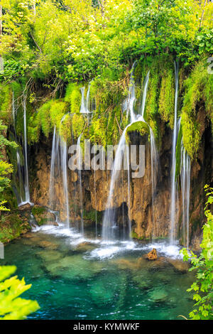 Close up of blue cascades dans une forêt verte pendant la journée en été.Les lacs de Plitvice, Croatie Banque D'Images