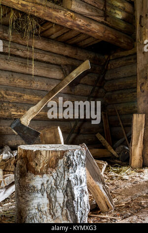 Ax splitter coincé dans birch log in village de cour en bois. Banque D'Images