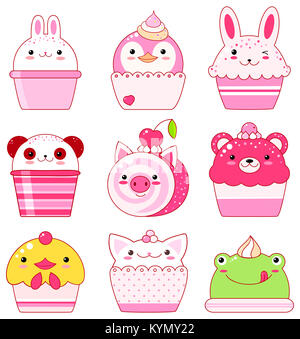 Vector set de desserts en forme d'animaux - la crème glacée, Gâteau, rouleau. Vanille, chocolat, citron, fraise. Avec sourire et joues roses. Poulet, panda Banque D'Images