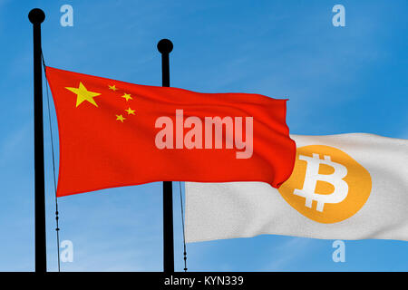 Chine drapeau et de brandir le drapeau des Bitcoins sur ciel bleu (image générée numériquement) Banque D'Images