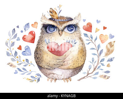 Je vous aime. Belle illustration aquarelle avec sweet owls, coeurs et fleurs dans des couleurs impressionnantes. Saint Valentin romantique superbe carte hibou réalisés dans la technique de l'aquarelle. Valentines lumineux design isolés avec amour. Banque D'Images