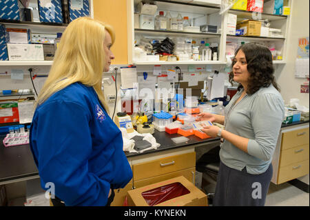 L'astronaute de la NASA Kate Rubins, gauche, parle d"Varienka Rodriguez DiBlasi, une 4e année au doctorat étudiant étranger médecine cellulaire et moléculaire, la droite, au cours de la visite du centre de l'épigénétique à la Johns Hopkins School of Medicine, le lundi 24 avril 2017 à Baltimore, Maryland Rubins a effectué deux sorties dans l'espace et est devenu la première personne de séquencer l'ADN dans l'espace au cours de ses 115 jours de mission dans le cadre d'Expedition 48 et 49. Crédit photo : NASA/Joel Kowsky) Banque D'Images