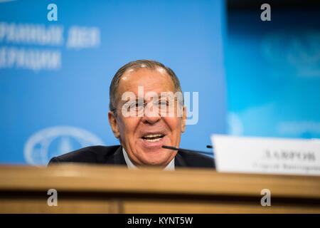 Moscou, Russie. 15 Jan, 2018. Le Ministre russe des affaires étrangères Sergei Lavrov tient la conférence annuelle de presse à Moscou, Russie, le 15 janvier 2018. Credit : Wu Zhuang/Xinhua/Alamy Live News Banque D'Images