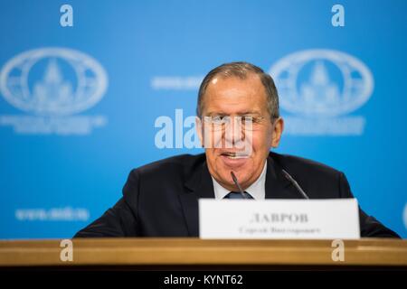 Moscou, Russie. 15 Jan, 2018. Le Ministre russe des affaires étrangères Sergei Lavrov tient la conférence annuelle de presse à Moscou, Russie, le 15 janvier 2018. Credit : Wu Zhuang/Xinhua/Alamy Live News Banque D'Images