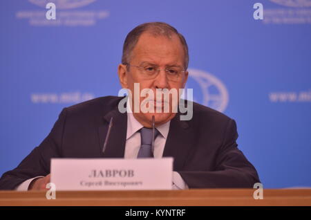 Moscou, Russie. 15 Jan, 2018. Conférence de presse du ministre des Affaires étrangères de la Fédération de Russie Sergey Lavrov à la suite des résultats de la diplomatie russe en 2017. Moscou, Ministère des affaires étrangères. Le 15 janvier 2018. Crédit : Pavel Kashaev/Alamy Live News Banque D'Images