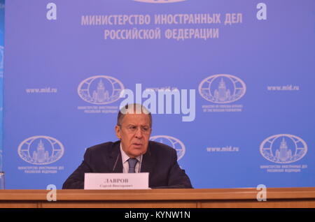 Moscou, Russie. 15 Jan, 2018. Conférence de presse du ministre des Affaires étrangères de la Fédération de Russie Sergey Lavrov à la suite des résultats de la diplomatie russe en 2017. Moscou, Ministère des affaires étrangères. Le 15 janvier 2018. Crédit : Pavel Kashaev/Alamy Live News Banque D'Images