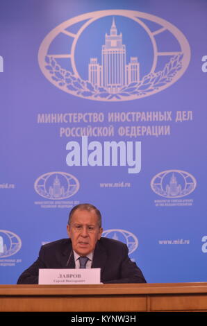 Moscou, Russie. 15 Jan, 2018. Conférence de presse du ministre des Affaires étrangères de la Fédération de Russie Sergey Lavrov à la suite des résultats de la diplomatie russe en 2017. Moscou, Ministère des affaires étrangères. Le 15 janvier 2018. Crédit : Pavel Kashaev/Alamy Live News Banque D'Images