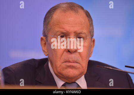 Moscou, Russie. 15 Jan, 2018. Conférence de presse du ministre des Affaires étrangères de la Fédération de Russie Sergey Lavrov à la suite des résultats de la diplomatie russe en 2017. Moscou, Ministère des affaires étrangères. Le 15 janvier 2018. Crédit : Pavel Kashaev/Alamy Live News Banque D'Images