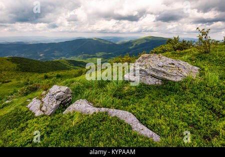 Les pentes herbeuses des montagnes des Carpates. énorme rocher sur le bord d'une colline. crête de montagne sous le ciel nuageux en été Banque D'Images