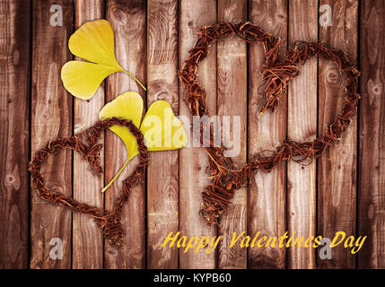 Happy Valentines Day, bois et feuille coeur Banque D'Images