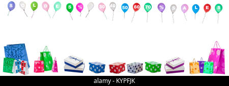 Vue panoramique, image ,avec ,battant ,Ballons,avec ,vente ,des lettres, chiffres, ,et ,l'percentgage ,sur ,e, thop, et ,sac multicolore et les emballages au bas Banque D'Images