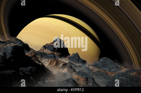 Vue de la planète Saturne et les anneaux, vu de l'une de ses lunes Banque D'Images