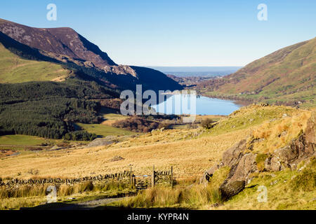 Vue de Llyn Cwellyn côte et réservoir du lac vu de la voie au-dessus de Rhyd-Ddu dans le parc national de Snowdonia. , Beddgelert Gwynedd, Pays de Galles, Royaume-Uni, Angleterre Banque D'Images