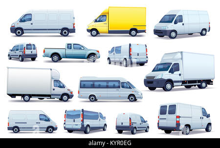 Jeu de voitures en noir et blanc. Collecte de différentes voitures et camions de livraison. Banque D'Images
