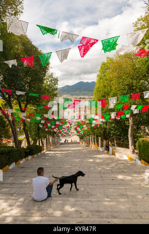 SAN CRISTOBAL, MEXIQUE - le 27 novembre : un homme non identifié avec un chien vous regarde la vue sur San Cristobal de las Casas forment les étapes de la Guadalupe Banque D'Images