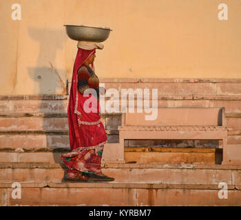 Femme transportant pot à Pushkar, Rajasthan, India Banque D'Images