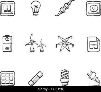 Les icônes de l'électricité dans des sketches. Illustration de Vecteur