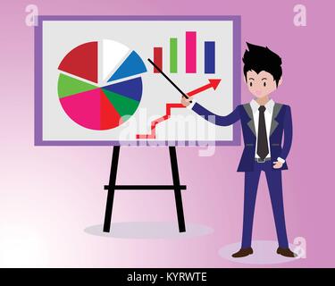 Businessman et graphiques sur tableau blanc. Présentation Concept, Séminaire, formation, conférence, l'effort et aller au-delà. La stratégie d'entreprise et des finances.Chara Illustration de Vecteur