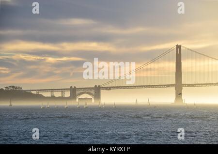 Une flottille de petits bateaux à voile au coucher du soleil sous le Golden Gate Bridge, San Francisco. Banque D'Images