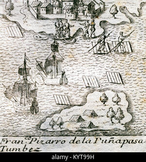 Conquête de l'Empire Inca. Francisco Pizarro y Gonzalez, 1er marquis de los Atabillos ( c.1471 ou 1476-1541). L'espagnol conquérant de l'Empire Inca et fondateur de Lima. Le Pérou. L'expédition d'Espagne arrive à partir de l'île de Puna à Tumbes en 1532. Gravure, 1726. Banque D'Images