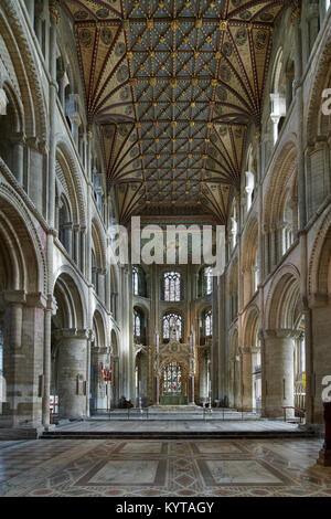 Cathédrale de Peterborough. Quire et presbytère à l'Est vers l'abside semi-circulaire. Norman de colonnes et plafond en bois peint du xive siècle. Banque D'Images