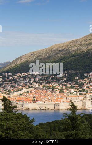 Vieille Ville, les bâtiments sur la colline et le mont Srd à Dubrovnik, Croatie, vu de la luxuriante île de Lokrum lors d'une journée ensoleillée. Copier l'espace. Banque D'Images