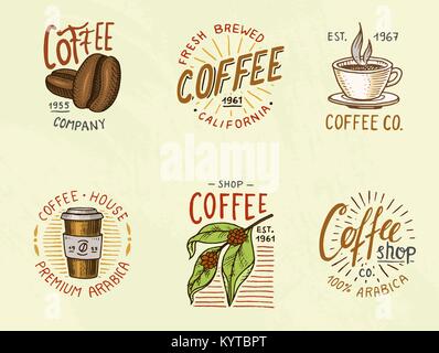 Ensemble de logos café vintage moderne. éléments pour la boutique menu. Vector illustration. Décoration design collection pour badges. style de calligraphie pour les profilés, les étiquettes. Gravé à la main . dans de vieux croquis. Illustration de Vecteur