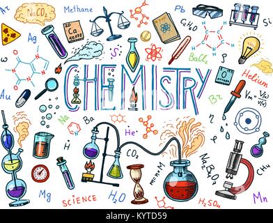 Chimie des icons set. Tableau avec les éléments, formules, atom, un tube à essai et de matériel de laboratoire. L'espace de laboratoire et les réactions de la recherche. la science, l'éducation, médecine. gravé à la main. Illustration de Vecteur