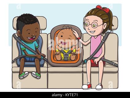 Trois enfants sur la banquette arrière à l'aide de ceinture de sécurité et siège enfant Illustration de Vecteur