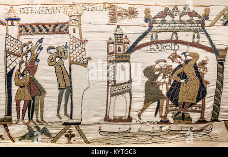 Détail de la Tapisserie de Bayeux montrant la comète de Halley et Harold à Westminster Banque D'Images
