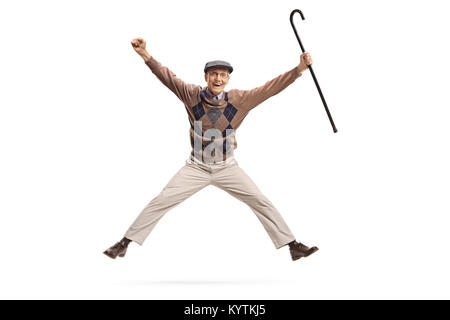 Portrait d'une très grande joie hauts avec une canne jumping isolé sur fond blanc Banque D'Images