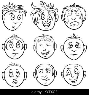 Ensemble de neuf différents mâles, grimaces amusantes esquisses cartoon vector décrit isolé sur fond blanc Illustration de Vecteur