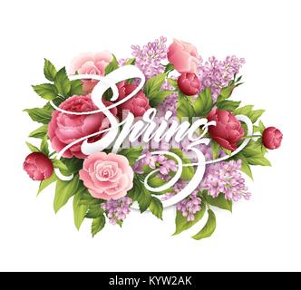 Poster élégant avec de belles fleurs de printemps et le lettrage. Lilas, rose, bouquet de fleurs de pivoine. Vector illustration Illustration de Vecteur