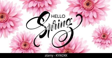 Gerbera Flower Background et bonjour printemps lettrage. Vector Illustration Illustration de Vecteur
