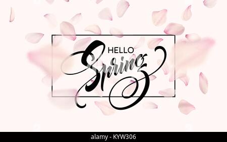 Modèle de page web lettrage de printemps. Couleur rose Sakura cherry blossom flower blue sky background paysage design. Vector illustration Illustration de Vecteur