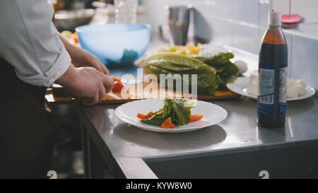 Male chef preparing salad in commercial Kitchen Banque D'Images