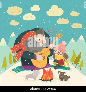 Garçon joue de la guitare pour une jeune fille dans la forêt d'hiver Illustration de Vecteur